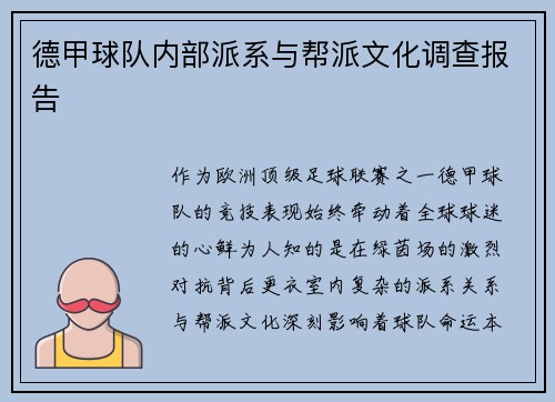 德甲球队内部派系与帮派文化调查报告